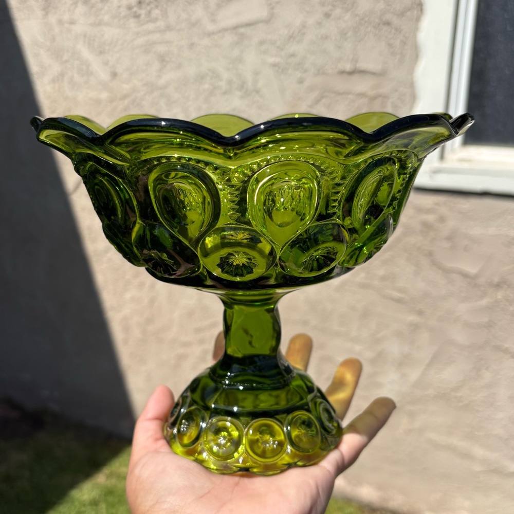 Vtg LE Smith Moon Stars Pedestal Compote Candy Dish Pressed Glass Emerald Green